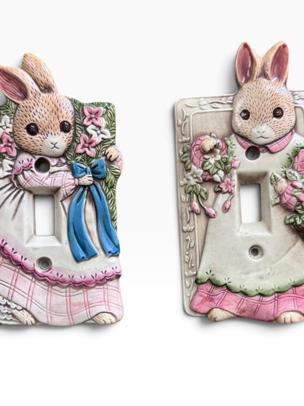 Vintage Takahashi Ceramic Bunny Light Switch Plates Set of 2 Hand Painted Japan